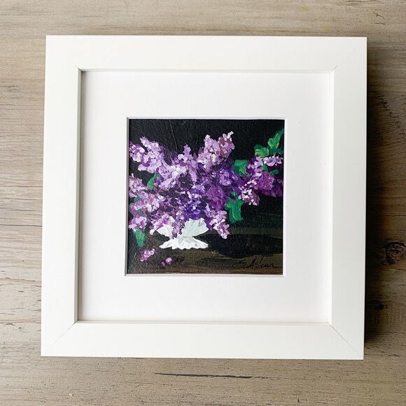 Framed Original Painting Purple Lilac Flowers Floral Dark Background Signed 7x7 - Picture 4 of 4